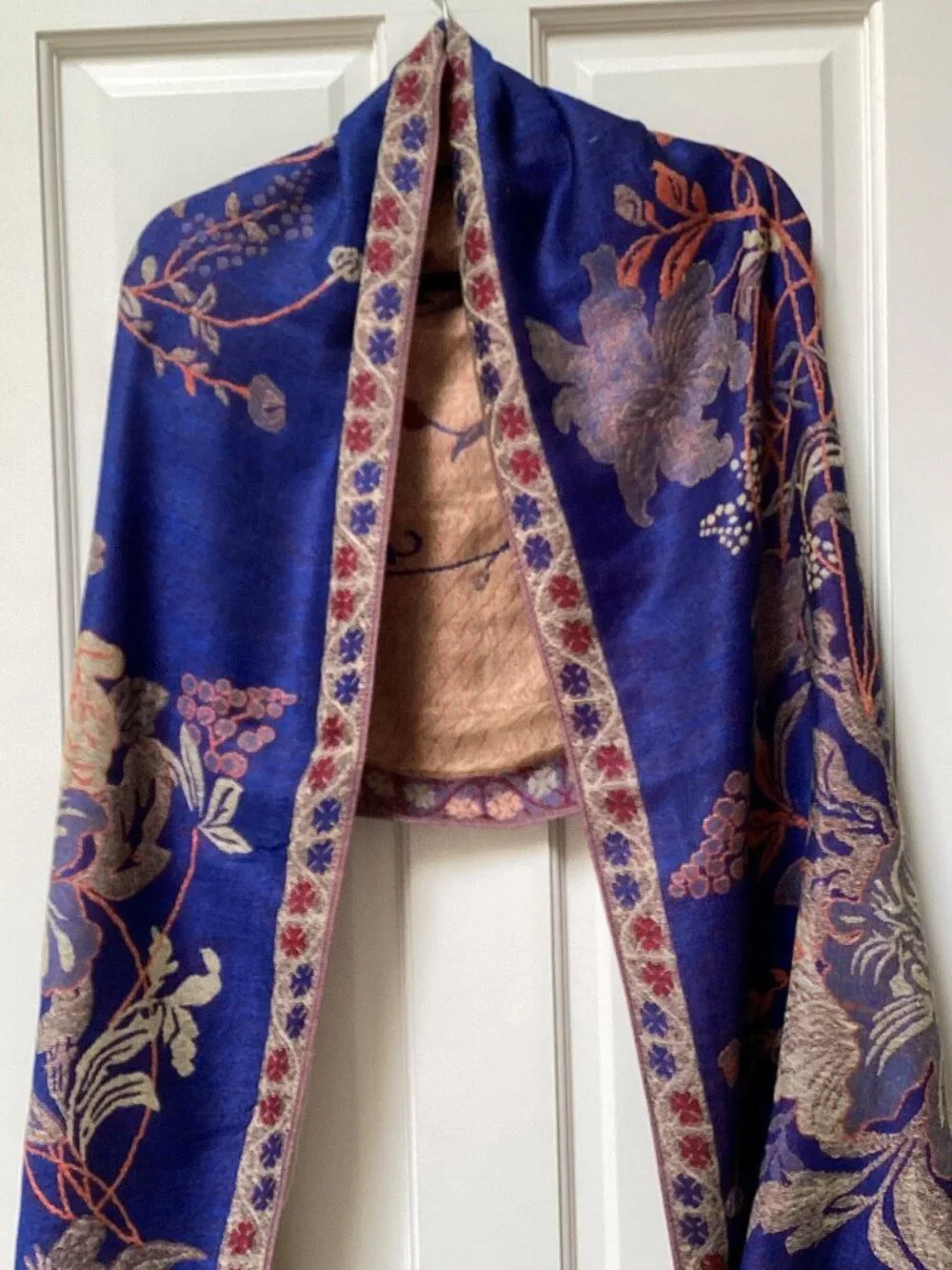 Blue and tan reversible floral shawl, wrap, scarf - 78